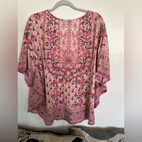 Tolani Collection Petite Printed Woven Caftan Tunic Pink Floral Bird size MP - Picture 5 of 11